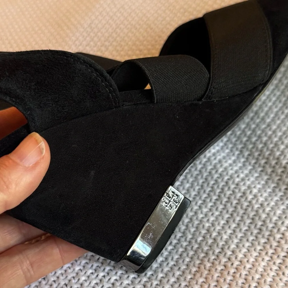 TORY BURCH Debbie Strappy Black Suede Leather Wedge Heels Sandals Women’s Shoes